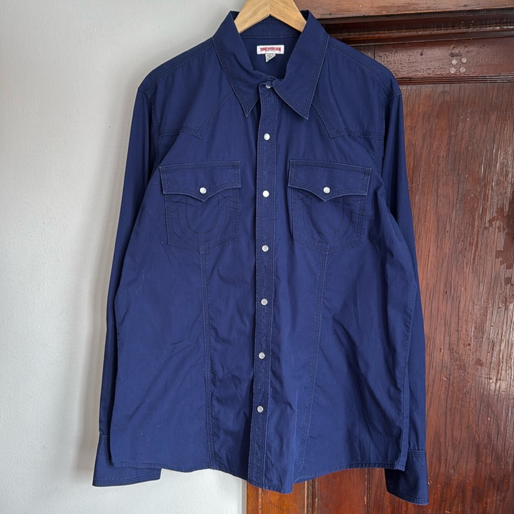 True Religion Western Style Pearl Snap Shirt / XXL / Navy Blue